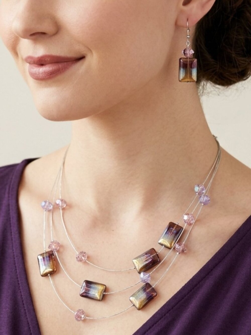 NEW Necklace and Pierced Earrings Jewelry Set Wires Beads Purple Silver Tone